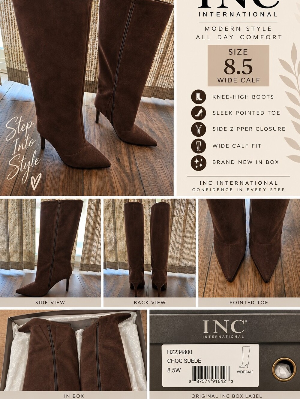 Chocolate Brown Knee-High Suede Pointed-Toe Boots - 8.5 Wide Calf